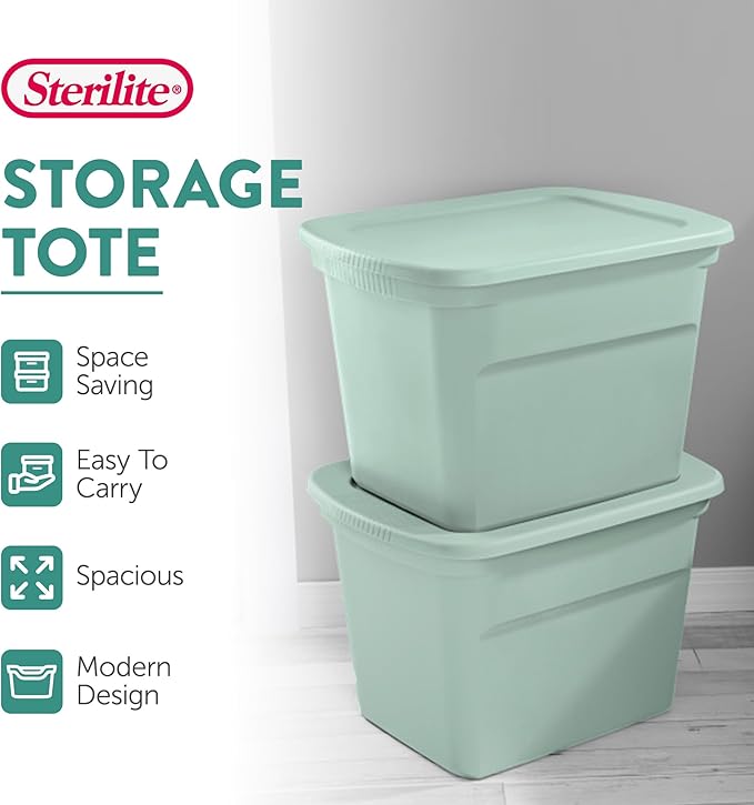 Sterilite 16 Pack Tote, Plastic Stackable Storage Bin Container with Lid, 18 Gallon, Mindful Mint