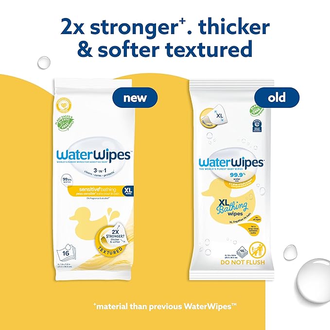 WaterWipes Sensitive+ Bathing Wipes, 3-In-1 Cleans, Cares, Protects, 99.9% Water, Unscented & Hypoallergenic, 16 Count (6 Pack)