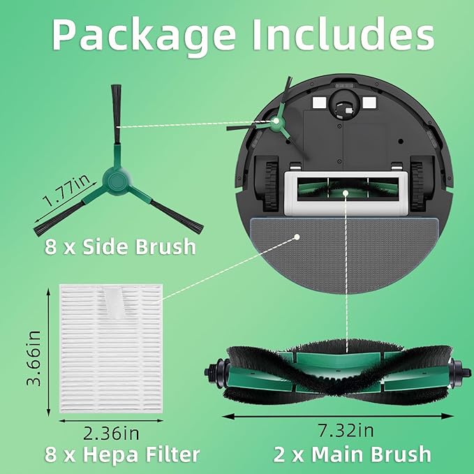 Accessories Kit Compatible with iRobot Roomba 104/105 Vac & Combo, Essential Q0120, Q0520, Y0110, Y0140, Q011 Robot Vacuum Replacement Parts,2 Main Brush, 8 Side Brush, 8 HEPA Filter (18 Pack)