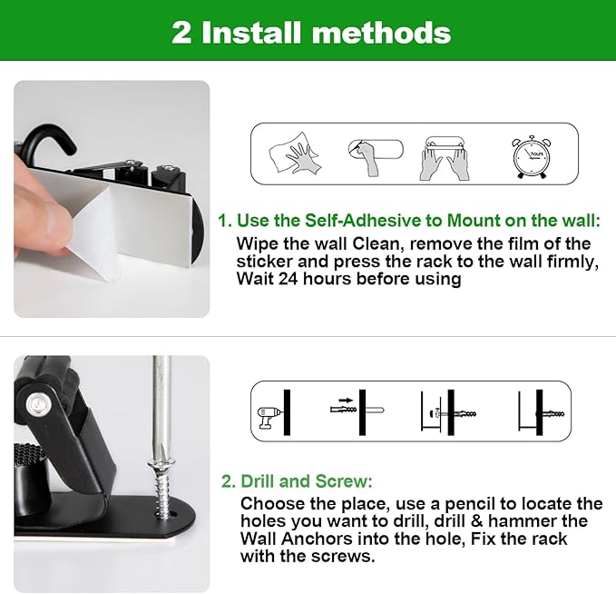 Mop and Broom Holder Wall Mount, 3 Racks with 4 Hooks, Stainless Steel Broom Organizer, Self Adhesive or Screw Mounted, Heavy Duty Storage for Home Kitchen Laundry Garage (black)