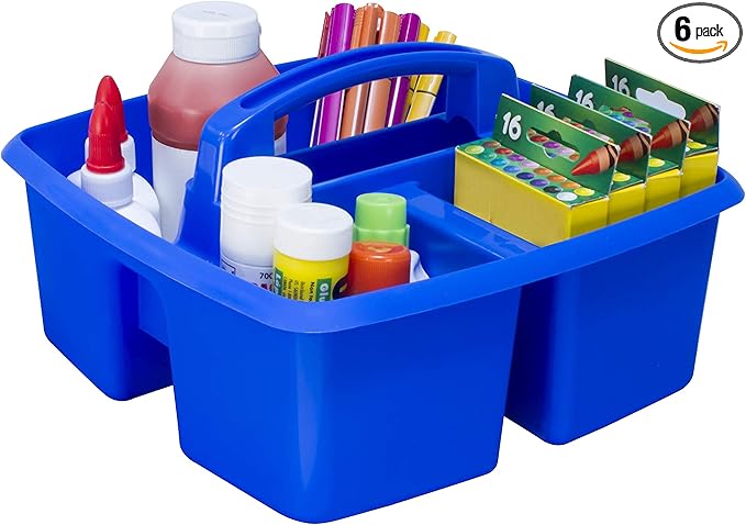 Storex 3-Compartment Small Caddy – Multipurpose Classroom Organizer with Handle, Azure, 6-Pack (00947A06C)