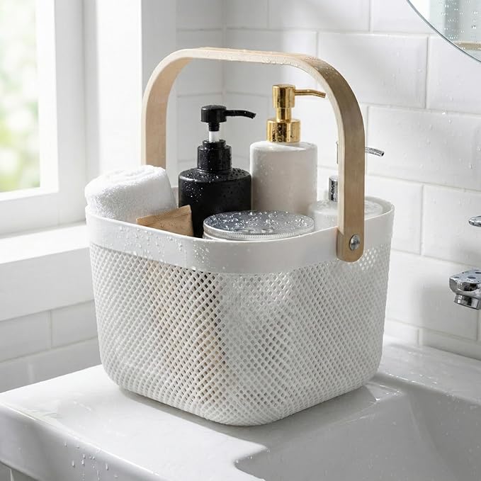 Shower Caddy Portable with Wooden Handle – Plastic Shower Caddy Dorm Basket for Bathroom Storage & Organization, College Essentials