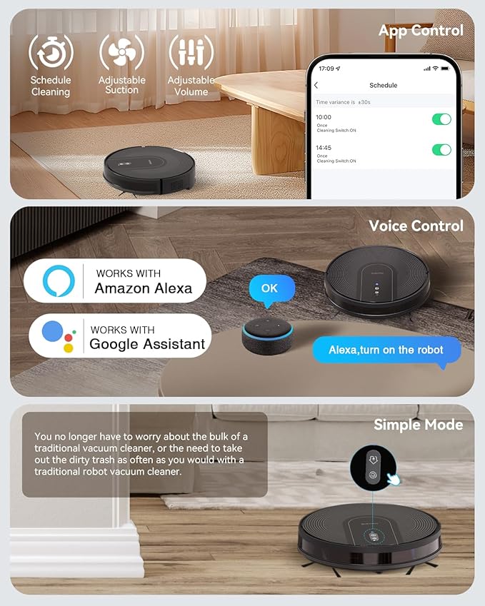 Robot Vacuum Cleaner with Self-Emptying Base – 9000Pa Suction, 85 Days of Dust Storage, Wi-Fi/App/Alexa Control – Ideal for Hard Floors, Low Carpets, and Pet Hair