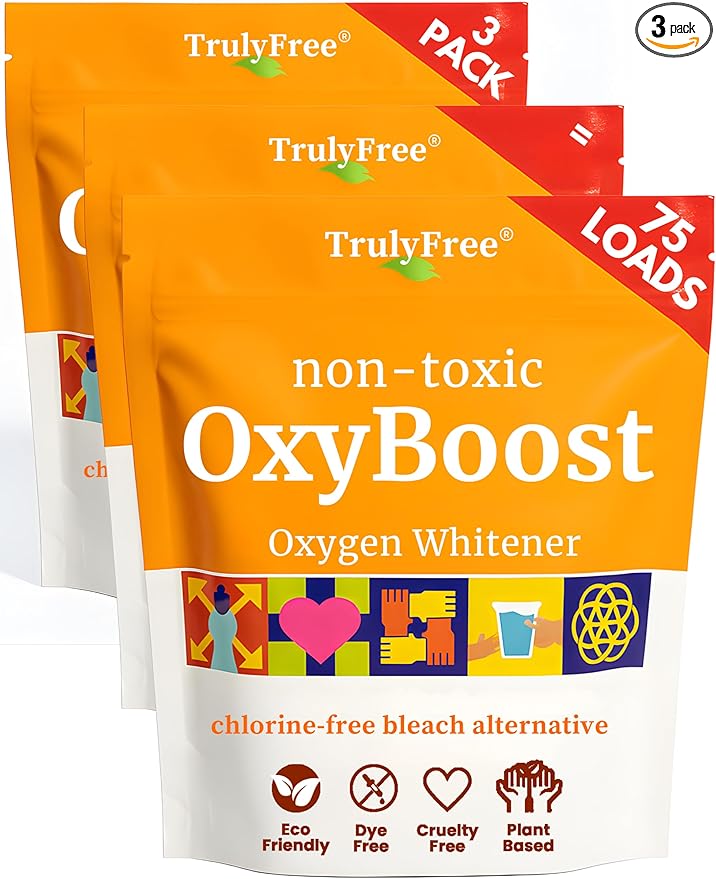 Truly Free OxyBoost - Oxygen Whitener & Clothes Stain Remover Laundry Detergent Powder with Sodium Percarbonate - Brightens Whites & Safe for Colors - Non-Chlorine, Gentle Yet Powerful - Pack of 3