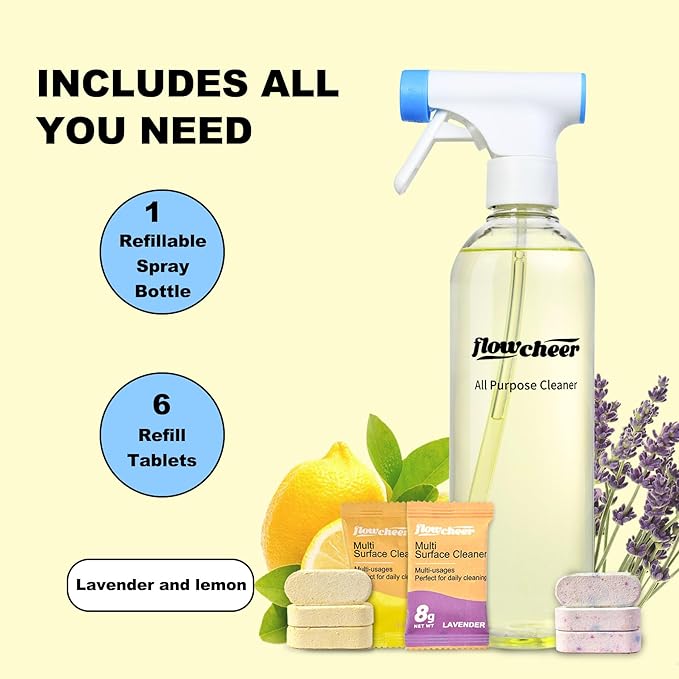flowcheer Multi-Purpose Cleaner Starter Kit-Lavender and Lemon Scent all purpose cleaner concentrate,cleaning tablets (6 Refill tablets) with Reusable Spray Bottle Multi-Surface Cleaner, 6x17fl oz
