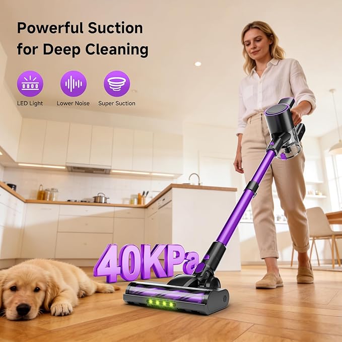 Cordless Vacuum Cleaner, 500W/40Kpa Vacuum Cleaners for Home, Stick Vacuum Cordless with LED Display, Anti-Tangle & Wall Mount, 8 in 1 Lightweight Vacuum for Hard Floors Pet Hair(Purple)