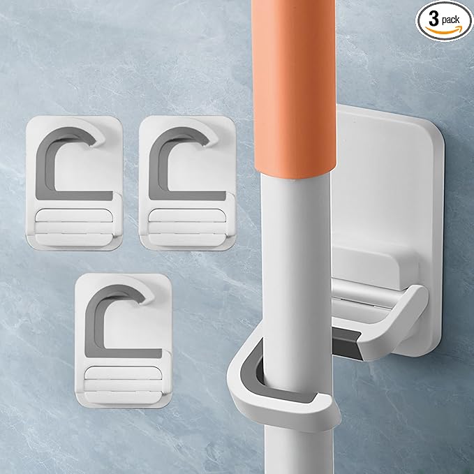 3 Pack，Broom and Mop Holder Wall Mount No Drill，Mop and Broom Gripper，Broom Handle Hanger，Household Cleaning Organizer, Holds up to 6 lb