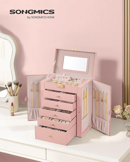 SONGMICS 6-Layer Jewelry Box Organizer with 5 Drawers, Jewelry Storage Case with Lock and Mirror, Large Storage Capacity, Gift for Loved Ones, for Necklaces, Watches, Jelly Pink UJBC152SA02S