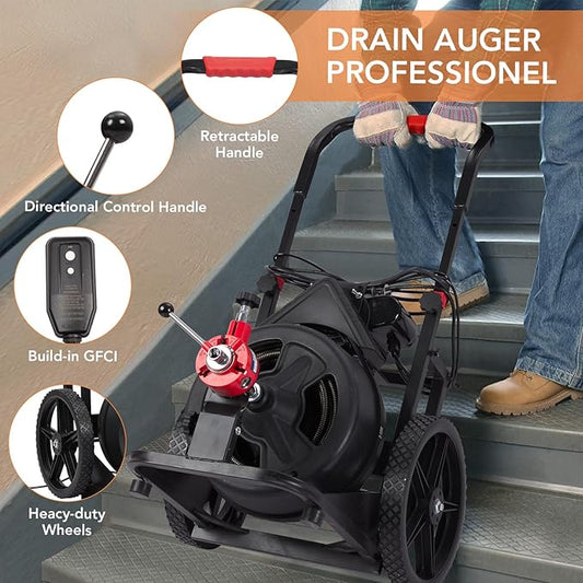 100 FT x 1/2 Inch Drain Cleaner Machine, Auto-feed Electric Sewer Snake, Heavy-duty Drain Auger with 6 Cutter & Air-activated Foot Switch for 1" to 4" Pipes