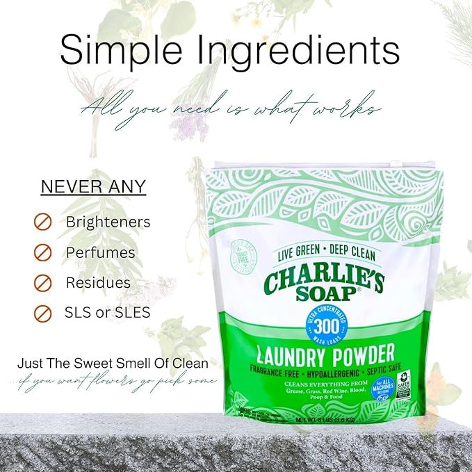Charlie’s Soap Hypoallergenic Laundry Detergent Powder Baby Gentle 8lb Bag Fragrance Free Plant Based Deep Cleaning – Biodegradable Eco Friendly Sustainable