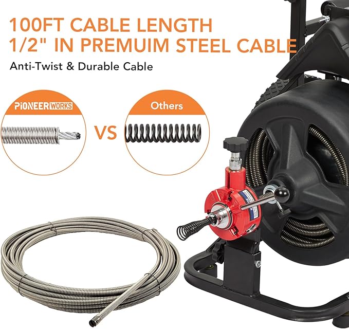 100 FT x 1/2 Inch Drain Cleaner Machine, Auto-feed Electric Sewer Snake, Heavy-duty Drain Auger with 6 Cutter & Air-activated Foot Switch for 1" to 4" Pipes