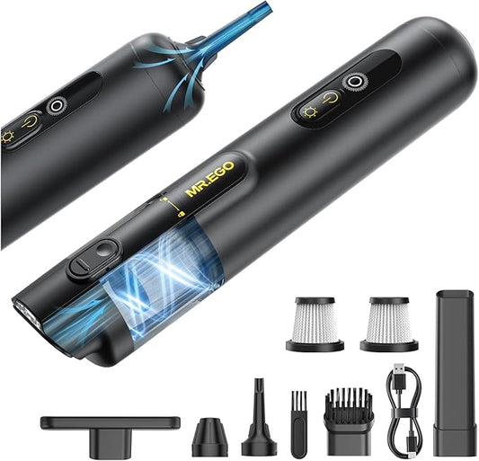 Mr.ego Car Vacuum Portable Cordless, 20000Pa Mini Vacuum Cleaner & Air Duster, 100,000 RPM Brushless Motor Handheld Vacuum with LED Light and Multi-Nozzles for Car, Home, Office, Pet (Black)