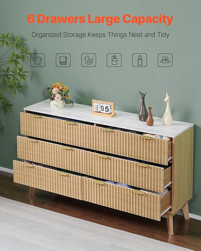 VEVOR Fluted 6 Drawer Dresser, 54" Wide Chest of Drawers with Faux Marble Top, Modern Dresser TV Stand, Wooden Closet Clothes Storage Organizer for Bedroom, Living Room, Hallway, Entryway, Natural Oak