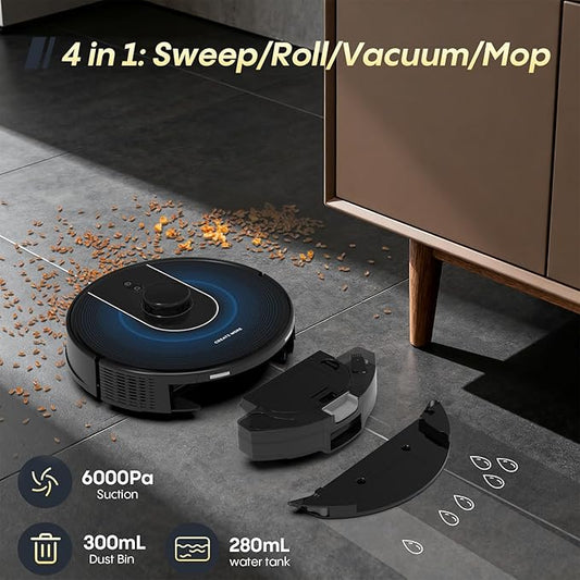 Bagotte Robot Vacuum and Mop, Robot Vacuum Self Emptying, 6000Pa Powerful Suction, 90-Day Hands-Free, Advanced Smart Mapping, LiDAR Navigation Robotic Vacuum for Pet Hair, Dust, Carpet, WiFi/App/Alexa