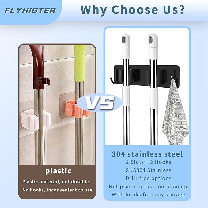 Broom and Mop Holder Wall Mounted, Heavy-Duty Stainless Steel Storage Rack with 2 Racks & 2 Hooks,Broom Organizer for Kitchen,Bathroom,Garage,Garden（BLACK