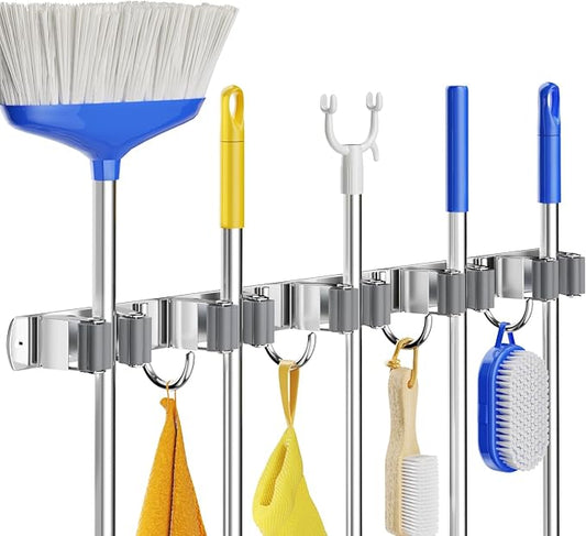 Mop Broom Holder Wall Mount Mop and Broom Holder with 5 Racks and 4 Hooks, Heavy Duty Broom Hanger Tool Storage Oragnizer Rack for Home, Garage, Garden and Laundry Room, Sliver