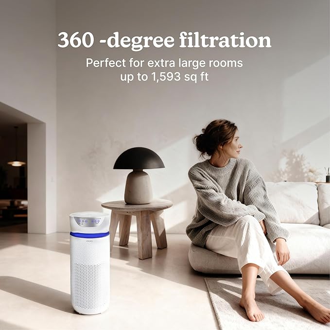 Homedics 5-in-1 UV-C Air Purifier - 360-Degree HEPA Filter for 1,593 Sq Ft, Extra Large Air Purifiers for Bedroom and Home, Essential Oil Pads, Built-In Timer, 5 Speed Settings for Large Rooms, White