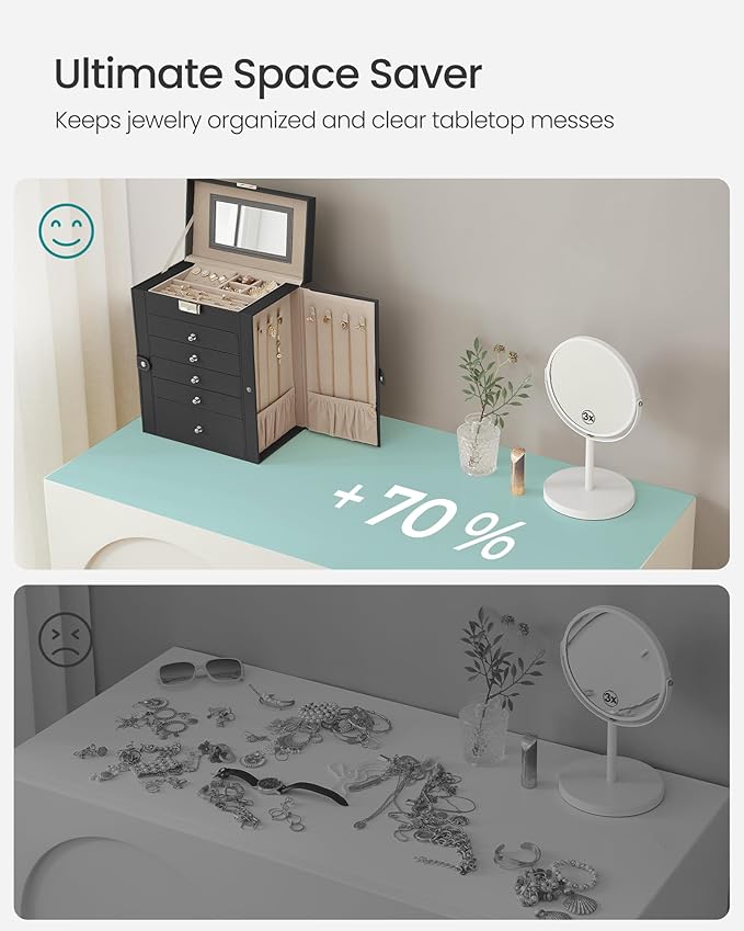SONGMICS 6-Layer Jewelry Box Organizer with 5 Drawers, Jewelry Storage Case with Lock and Mirror, Large Storage Capacity, Gift for Loved Ones, for Necklaces, Watches, Black UJBC152B01