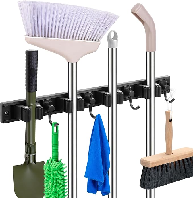 YA MI Mop holder, broom holder, stainless steel wall hanging tool storage device with 4 hooks in 4 positions, suitable for home bathrooms, kitchens, and gardens