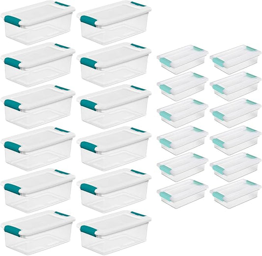 Sterilite 6 Quart Clear Latch Lid Stackable Storage Box Tote, 12 Pack, and Small Clear Latch Lid File Clip Box, 12 Pack for Household Organization