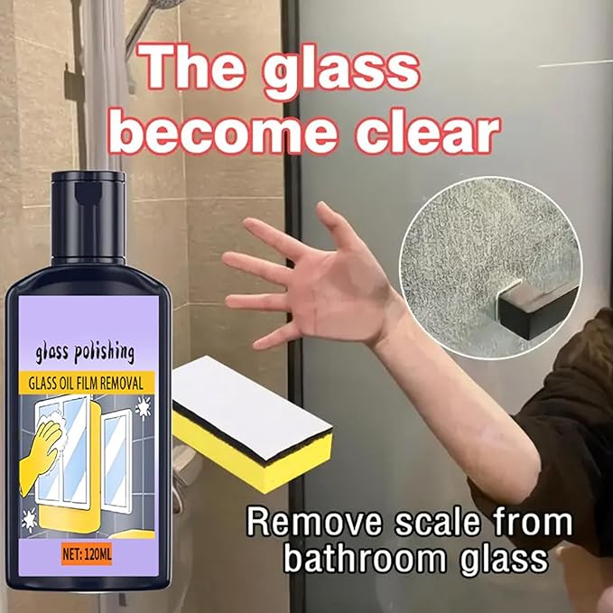 Streak Free Glass Cleaner, Oil Film Remover, Window Polish with 120ml Sponge, Shower Tile Solution for Bathroom Surfaces, Household Cleaning Supplies, Bathroom Mirror Washing for Toilets