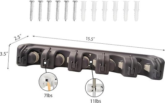 C-CHAIN Mop and Broom Holder, 5 Position with 6 Hooks Garage Storage Holds up to 11 Tools, Multipurpose Wall Mounted Tool Rack Organizer for Kitchen Garage,Grey