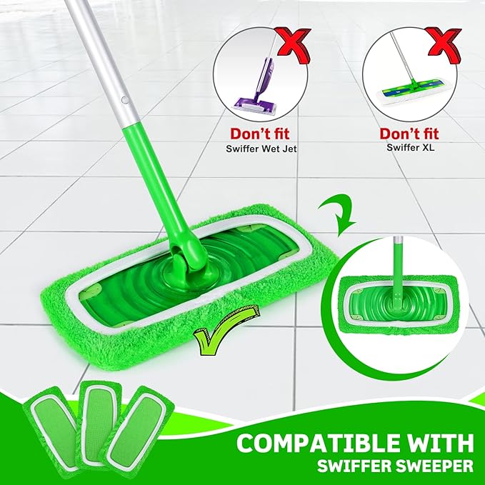 6 Pcs Reusable Microfiber Mop Pads Compatible with Swiffer Sweeper, Dry Sweeping Cloths & Wet Mopping Cloths, Washable Pads for Surface/Hardwood Floor Cleaning (Mop is Not Included)