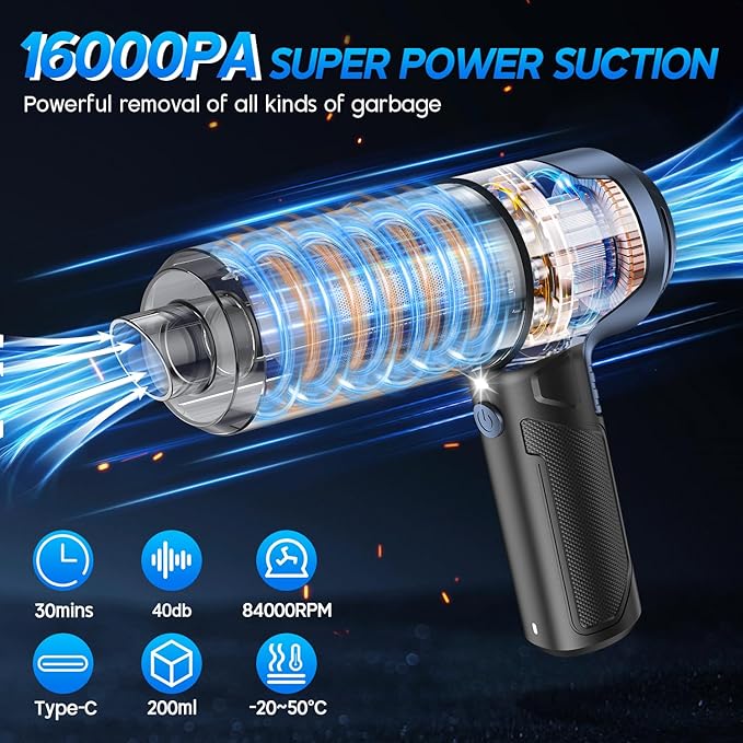 JONYJ Handheld Car Vacuum Cleaner, 16000PA Hand Held Vacuum Portable Cordless, 2 in 1 Air Duster and Vacuum Cleaner with LED Light, Multi-Nozzles, 120W High Power Mini Vacuum for Home, Pet, Office