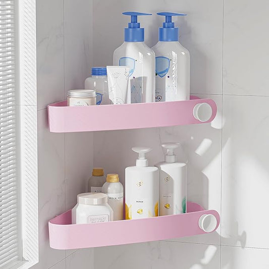 Sotfamily Plastic Shower Caddy Corner (For 90° Only), 2 Pack Adhesive Corner Shower Shelves for Bathroom Organizers and Storage, Pink