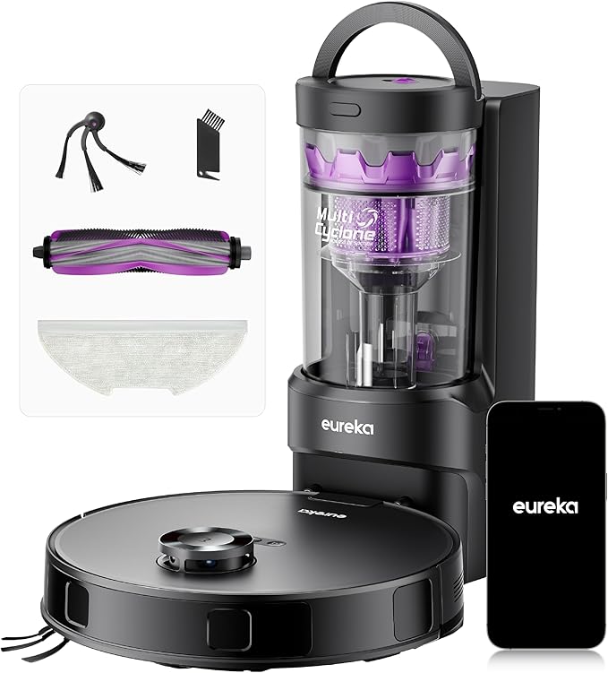 Eureka E20 Evo Plus Robot Vacuum and Mop Combo, 10,000Pa Suction Robot Vacuum Cleaner Bagless Self-Emptying Station, 45-Day Capacity Anti-Hair-Tangling Side Brush Mop Lifting App Control LiDAR Nav