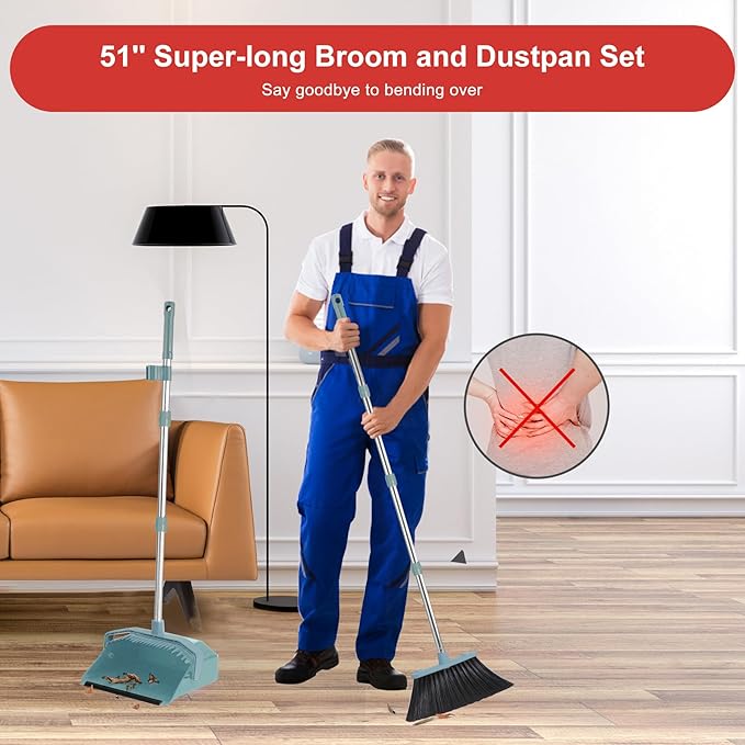 Upgrade Broom and Dustpan Set, Broom with Dustpan Combo Sets, Large Brooms and Dust Pan with Handle, Self-Cleaning Dust Pans, Heavy Duty Broom and Dustpans Set for Lobby Kitchen Office - Green