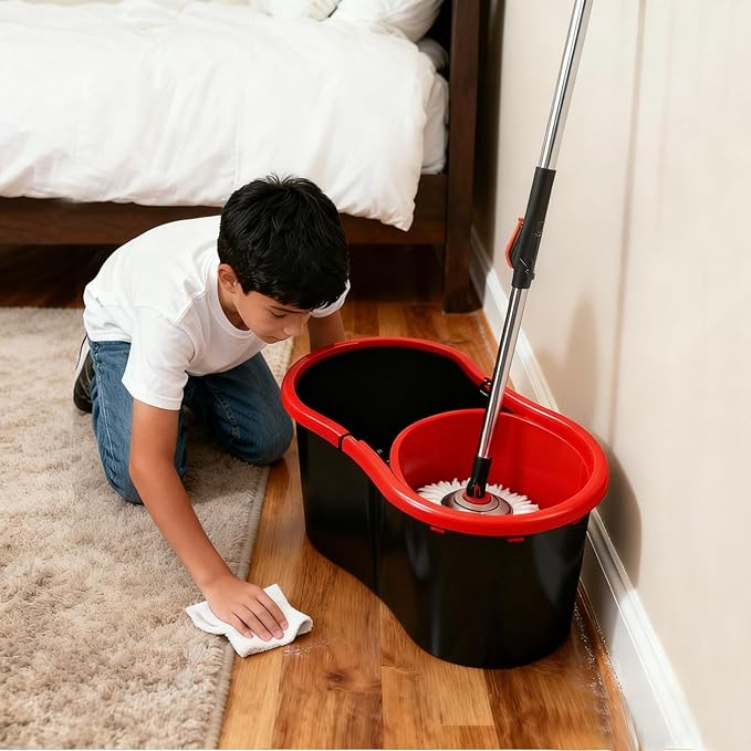 Spin Mop and Bucket with Wringer Set, 360°Rotating Head Mop Bucket System, 3 Replacement Mop Heads for Floor Cleaning (Black & Red) (Three mop Heads)