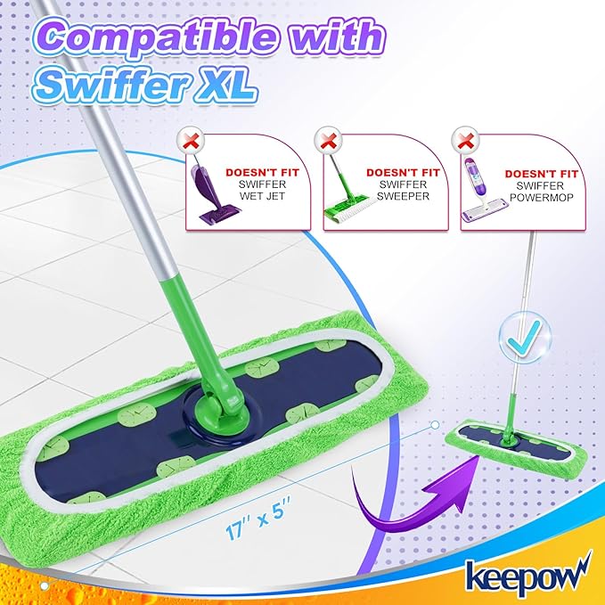 KEEPOW Reusable Mop Refill Pads Replacement Compatible with Swiffer Heavy Duty Wet Mopping Cloths, XL Wet Pads, Dry Sweeping Cloths for Hardwood Floor Cleaning, 2 Pack