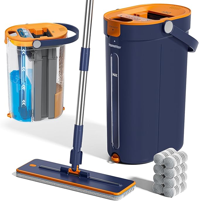 Mop and Bucket Set with Wringer, 3-Tank Flat Mop and Bucket System, Wall Mop Cleaner with Long Handle, Hands Free Mops for Floor Cleaning with 8 Microfiber Pads