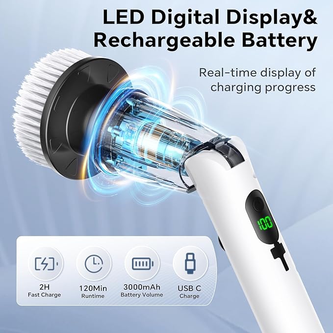 Electric Spin Scrubber with 8 Replaceable Brush Heads 3 Adjustable Angle Waterproof LED Display Cordless Cleaning Brush Supplies Bathroom Cleaner Set Long Handle Power Scrubber for Shower Floor Tub