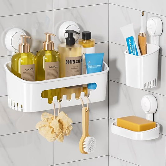 LEVERLOC Shower Caddy Suction Cup Set Shower Organizer & Soap Holder & Toothbrush Holder, Bathroom Shelf Basket NO-Drilling, Removable Suction Storage Waterproof Bathroom Caddy, White | Shower Organizer, Soap Holder, Toothbrush Holder, Removable Suctio...