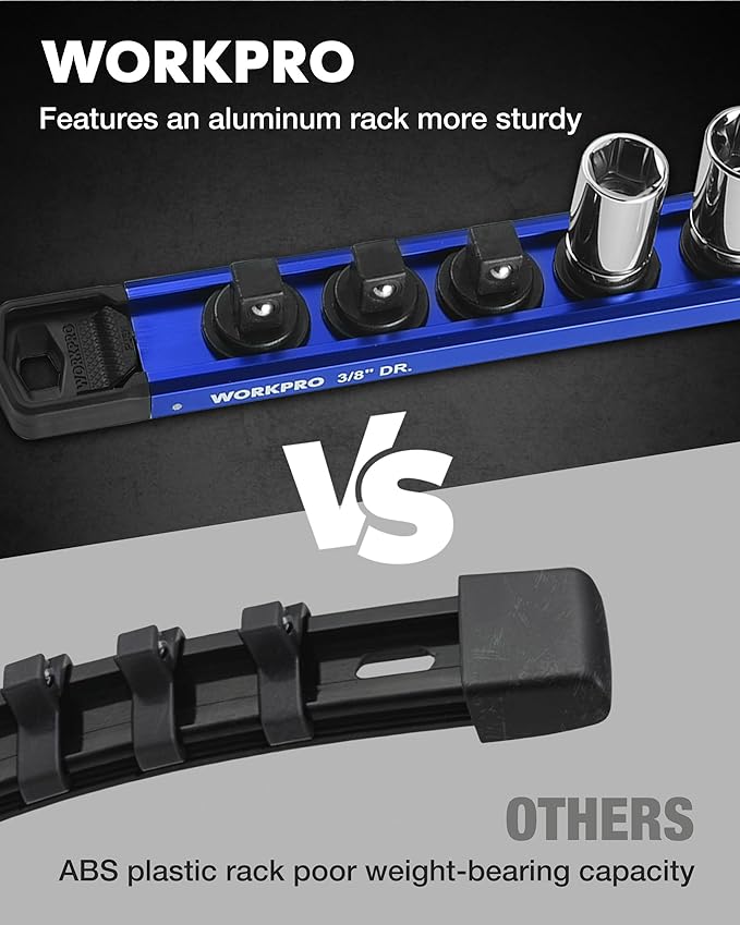 WORKPRO Magnetic Socket Organizer, 3/8" Drive Aluminum Alloy Socket Holder with 10PC Removable Socket Clips for Quick Customization, Socket Rail for Tool Box Drawer (Sockets Not Included)