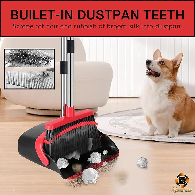 Standing Broom and Dustpan Set, Built-in Scraper Teeth, No-Slip Grip, Dust Collection Tray for Home, Office, Lobby, and Outdoor, Adjustable Handle from 38.18" to 52" (Black and Red)