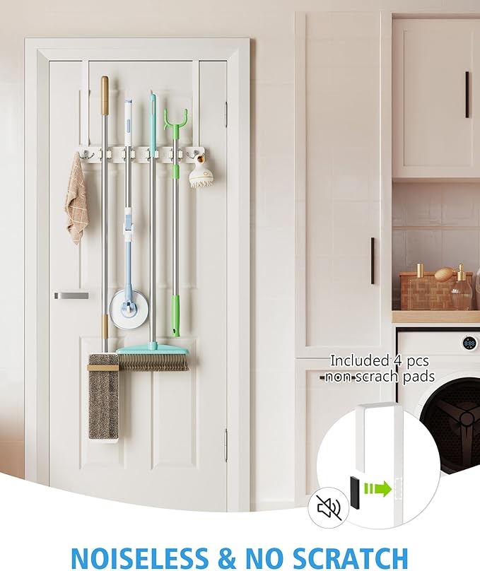 Over the Door Broom Holder, Mop and Broom Holder Door Mount, Hanging Organizer with 4 Racks & 2 Hooks, Wooden Hanger Storage Decor, Laundry Tool Organizer for Closet Garage, No Drills