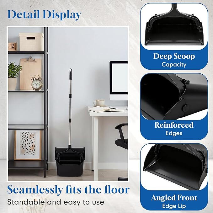 Maxcheck 2 Pcs 37 Inch Lobby Dust Pan Bulk Upright Lobby Dust Pan Plastic Commercial Dustpan with Long Handle Upright Standing Dustpan Heavy Duty for Office Home Indoor Outdoor Use (Black)