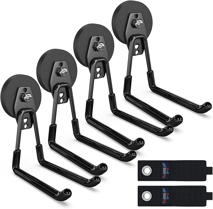 3-H Heavy Duty Magnet Garage Hooks 4 Pack, Extra Large Strong Magnetic Hooks for Hanging Cordless Power Drill, Utility Magnetic Tool Holder for Metal Cabinet, Steel Pegboard, Toolbox, Garage(Black)