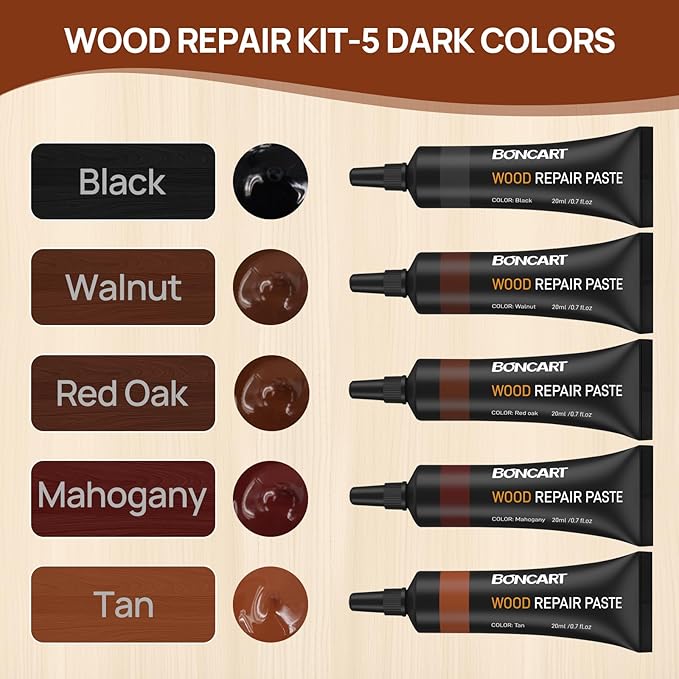 Wood Furniture Repair Kit, Wood Touch up Fillers, Repair Scratches, Cracks, Paint Chips, and Nail Holes on Furniture, Floors, Doors, Cabinets, and Tables (5 Dark Colors)