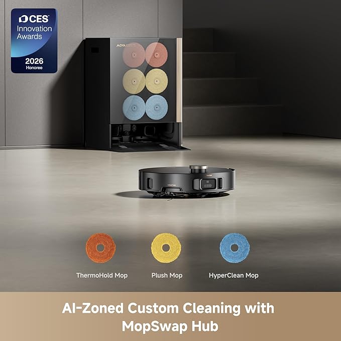 Mova Mobius 60 Robot Vacuum and Mop, 30000Pa Suction, Auto-Interchangeable Mop Pads, Liftable Navigation with 3.15inches Obstacle Overcoming, DuoSolution System Designed for Pets