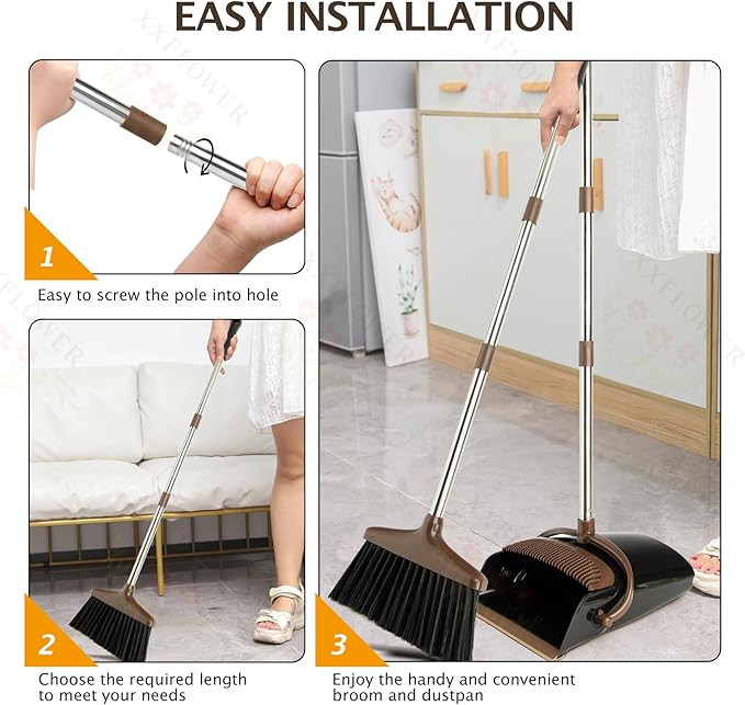 Broom and Dustpan Set with Long Handle, Light Weight Stainless Steel Poles Stand Upright Dustpans with Broom Combo for Home Kitchen Office Pet Dog Hair, 1-Pack (Black Brown)