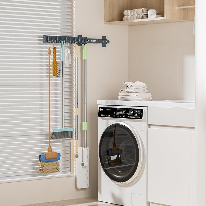 Pull Out Broom Holder With 9 Adjustable Sliding Hook, Multifunctional Slide Broom And Mop Storage/Organizer Garage Organization Hooks, for Closet Laundry - Dark grey- 41cm/16.14inch