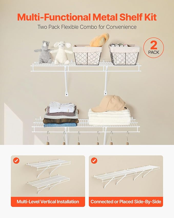 VEVOR Wire Shelf Kit, 3 ft, Set of 2, Wall Mounted Wire Shelves, Heavy-Duty Carbon Steel Hanging Shelf, Floating Wall Storage Shelves with Dip Coating, for Closet, Bedroom, Living Room, Office, Pantry