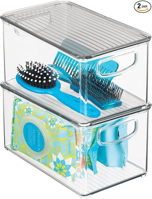 mDesign Deep Plastic Bathroom Storage Bin Box, Lid/Built-in Handles, Organization for Makeup, Hair Styling Tools, Toiletry Accessories in Cabinet, Shelves, Ligne Collection, 2 Pack, Clear/Smoke Gray