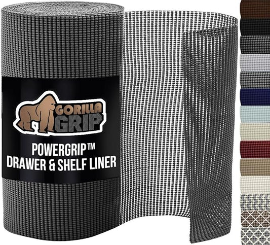 GORILLA GRIP powerGRIP Drawer Shelf and Cabinet Liner, Thick Strong Hold, Non-Adhesive Liners Protect Kitchen Cabinets and Cupboard, Bathroom Drawers, Easy Install, Breathable Mat, 12" x30', Charcoal