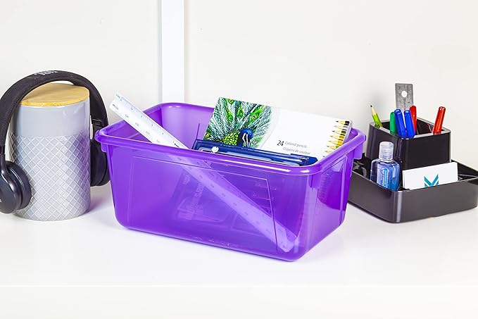 Storex Small Cubby Bins – Plastic Storage Containers for Classroom with Non-Snap Lid, 12.2 x 7.8 x 5.1 inches, Tint Violet, 5-Pack (62484U05C)