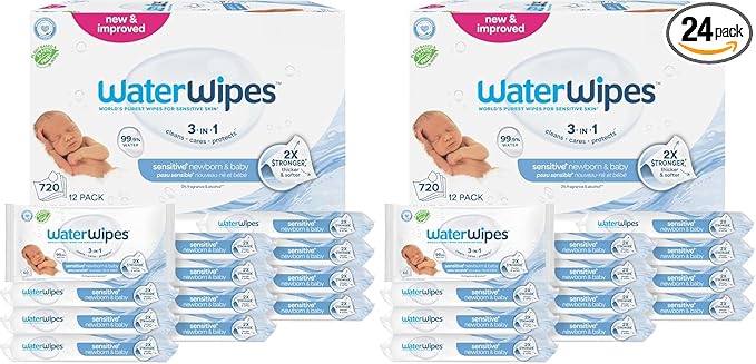 WaterWipes Sensitive+ Newborn & Baby Wipes, 3-In-1 Cleans, Cares, Protects, 99.9% Water, Unscented & Hypoallergenic, 1440 Count (24 Packs)